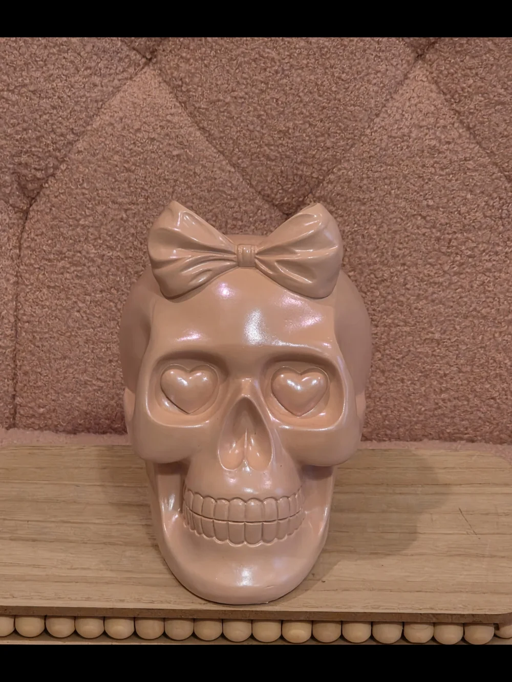 Bow Accent Heart-Eye Skull Figurine in Blush Pink